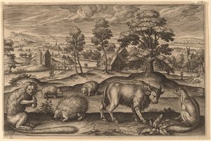 Ein Affe, ein Stachelschwein, zwei Igel, ein Büffel und ein Fuchs