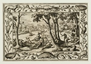 Bärenjagd, aus Landschaften mit Alten und Neuen Testamentsszenen und Jagdszenen von Adriaen Collaert