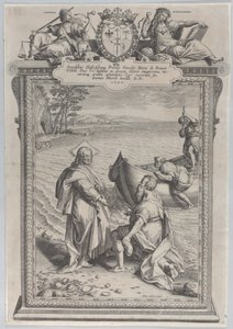 Christus ruft den heiligen Andreas, der vor ihm am Strand kniet, und den heiligen Petrus, der...