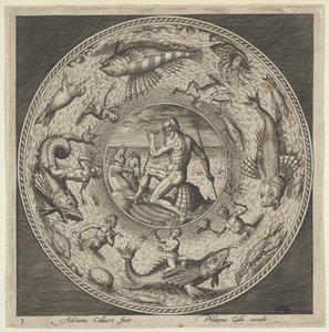 Entwurf für einen Teller mit Neptun in einer von Pferden gezogenen Muschel in einem Medaillon, um 1600