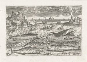 Vier Fische am Strand von Adriaen Collaert