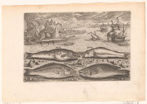 Vier Fische am Strand (Serie: Piscivm vivae icones) von Adriaen Collaert