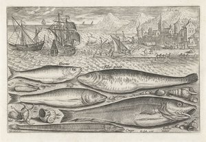 Fünf Fische am Strand von Adriaen Collaert