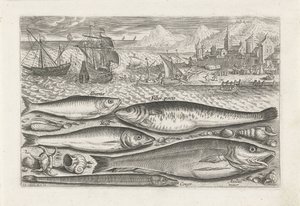 Fünf Fische am Strand von Adriaen Collaert