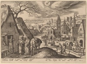 Die Jungfrau und Joseph im Gasthaus von Adriaen Collaert after Hans Bol