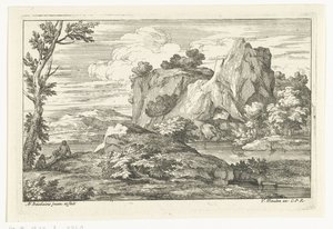 Landschaft mit großem Felsen bei einem Fluss