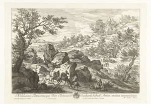 Landschaft mit Reitern bei Felsen (Landschaften mit Jägern)