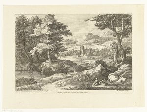 Landschaft mit zwei Figuren entlang eines Weges, in der Ferne eine Kirche
