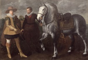 Porträt eines Gentlemans mit seinem Pferd und Diener, 1624