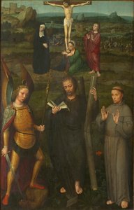Die Kreuzigung mit den Heiligen Michael dem Erzengel, Andreas und Franz von Assisi, um 1510 von Adriaen Isenbrant