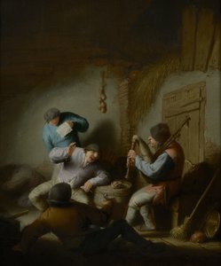 Scheuneninneres mit Bauern, die Musik machen