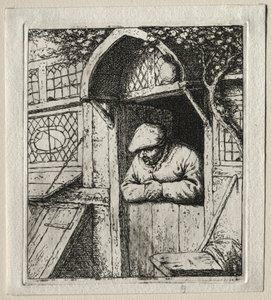 Bauer lehnt an seiner Tür von Adriaen Jansz. van Ostade