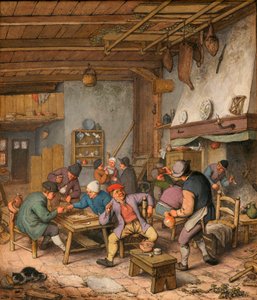 Raum in einem Gasthaus mit Bauern, die trinken, rauchen und Backgammon spielen