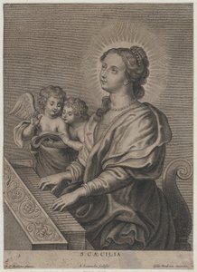 Heilige Cäcilia spielt die Orgel mit zwei Putti links, ca. 1654-77