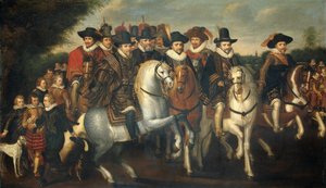 Prinz Moritz begleitet von seinen zwei Brüdern, Friedrich V., Kurfürst von der Pfalz, und Grafen von Nassau zu Pferd