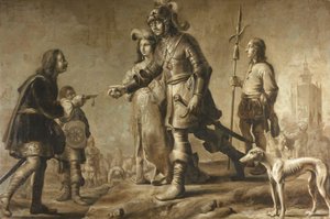 Boudewijn van Heusden (?-870) und seine Frau Sophia empfangen die Huldigung des Legaten von König Edmund, ca. 1626 von Adriaen Pietersz van de Venne (manner of)