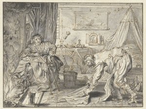 Mann reinigt den Boden, während seine Frau am Herd sitzt von Adriaen Pietersz van de Venne