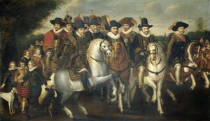 Prinz Moritz begleitet von seinen zwei Brüdern, Friedrich V., Kurfürst von der Pfalz, und Grafen von Nassau zu Pferd, ca. 1625