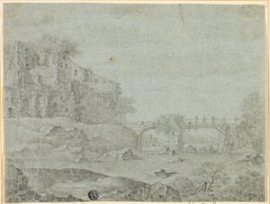 Ruinen mit Blick auf Fluss mit Brücke