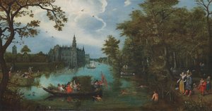 Sommerlandschaft mit Bootsparty und Badenden von Adriaen Pietersz. van de Venne