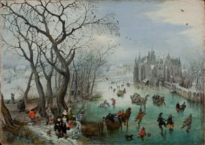 Winterlandschaft mit Schlittschuhläufern nahe einem Schloss, 1615 von Adriaen Pietersz van de Venne