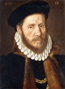 Porträt eines bärtigen Herrn, Brustlänge, mit Goldketten unter einem Pelzbesetzten Mantel, 1575 von Adriaen Thomasz Key