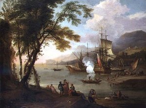 Ein Capriccio eines Mittelmeerhafens mit Schiffen, Kaufleuten und Hafenarbeitern von Adriaen van Diest
