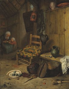 Eine Küchenszene mit Mutter und Kind, das Wappen der Familie Van Doerne auf dem gewebten Kissen