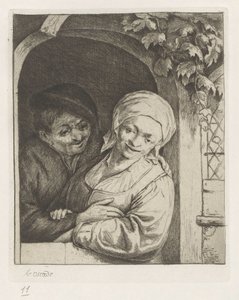 Bauer und Bäuerin als Liebespaar in der Türöffnung von Adriaen van Ostade