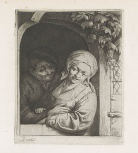 Bauer und Bäuerin als Liebespaar in einer Türöffnung von Adriaen van Ostade