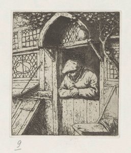 Bauer, der sich auf eine Tür lehnt von Adriaen van Ostade