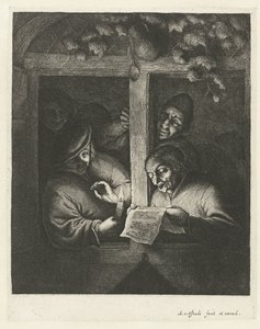 Drei Männer singen bei Kerzenlicht am offenen Fenster von einem Blatt Papier von Adriaen van Ostade