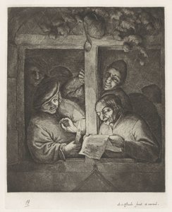Drei Männer singen von einem Blatt Papier bei Kerzenlicht am offenen Fenster von Adriaen van Ostade