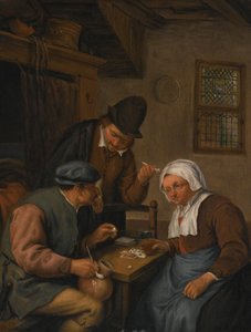 Interieur mit Bauern, die Karten spielen