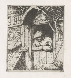 Mann lehnt an einer Tür von Adriaen van Ostade