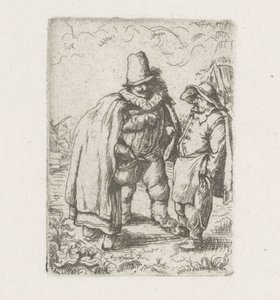 Mann mit Halskrause bei einem Bauernpaar von Adriaen van Ostade