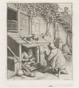 Schuhmacher in einer Werkstatt vor seinem Haus
