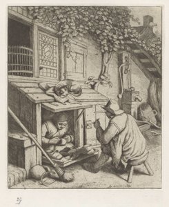Schuster in einem Laden vor seinem Haus und ein Kunde
