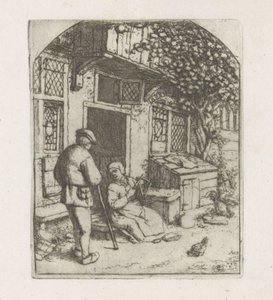 Spinnerin auf der Schwelle eines Hauses