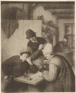 Drei Bauern und eine Frau an einem Tisch