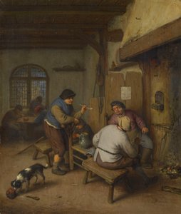 Drei Bauern in einer Taverne, um ein Feuer