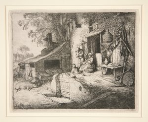Frau, die an einer Hüttentür spinnt von Adriaen van Ostade
