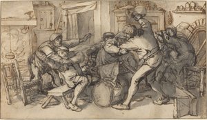 Bauern kämpfen in einer Taverne von Adriaen van Ostade and Cornelis Dusart