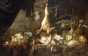 Ein Hase und eine Schnepfe, die an einem Spielring hängen, Obst in einer Wanli-Kraak-Porzellanschale, Feigen, tote Rebhühner und Finken, Spargel, Kohl, Fenchel und Artischocken in einem Kupfertopf auf einem Sims neben einem drapierten Fenster, 1650 von Adriaen van Utrecht