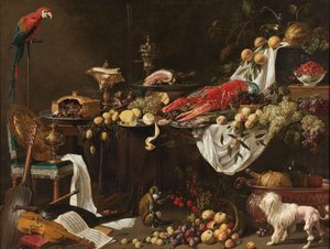Prunkstillleben mit einem Papagei, Hund und Affe von Adriaen van Utrecht