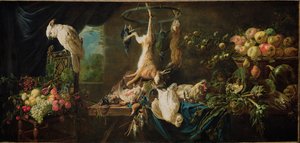Stillleben mit Wild, Gemüse, Obst und Kakadu, 1650