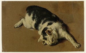 Katze liegend auf der Seite, die linke Vorderpfote ausgestreckt von Adriaen van de Velde (attributed to)