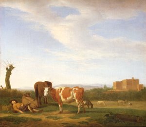 Eine pastorale Landschaft mit einem schlafenden Hirten, 17. Jahrhundert