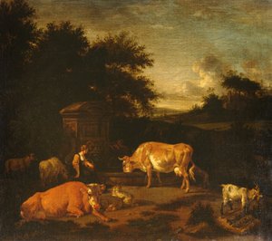 Hirtin und ein Treiber mit ihren Herden an einem klassischen Brunnen in einer bewaldeten Landschaft