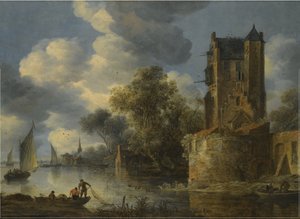 Flusslandschaft mit einem Bollwerk von Adriaen van der Cabel